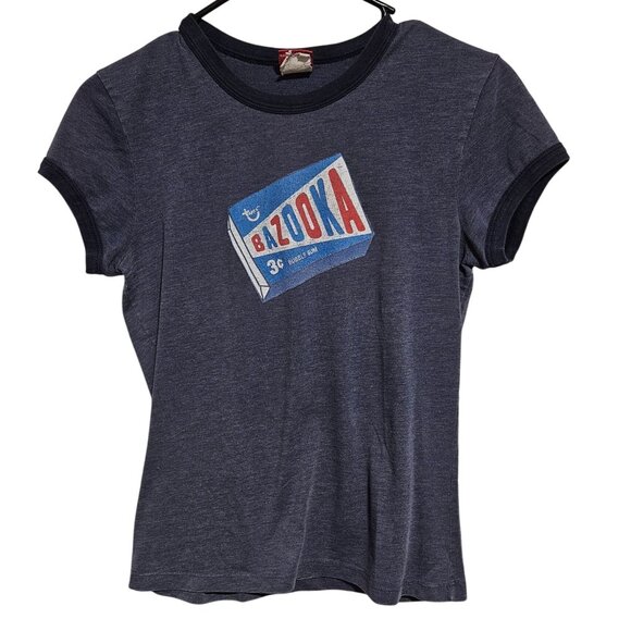 Jerry Leigh Bazooka Bubble Gum Graphic Tee Juniors Size Small Navy Ringer Style - Picture 1 of 6